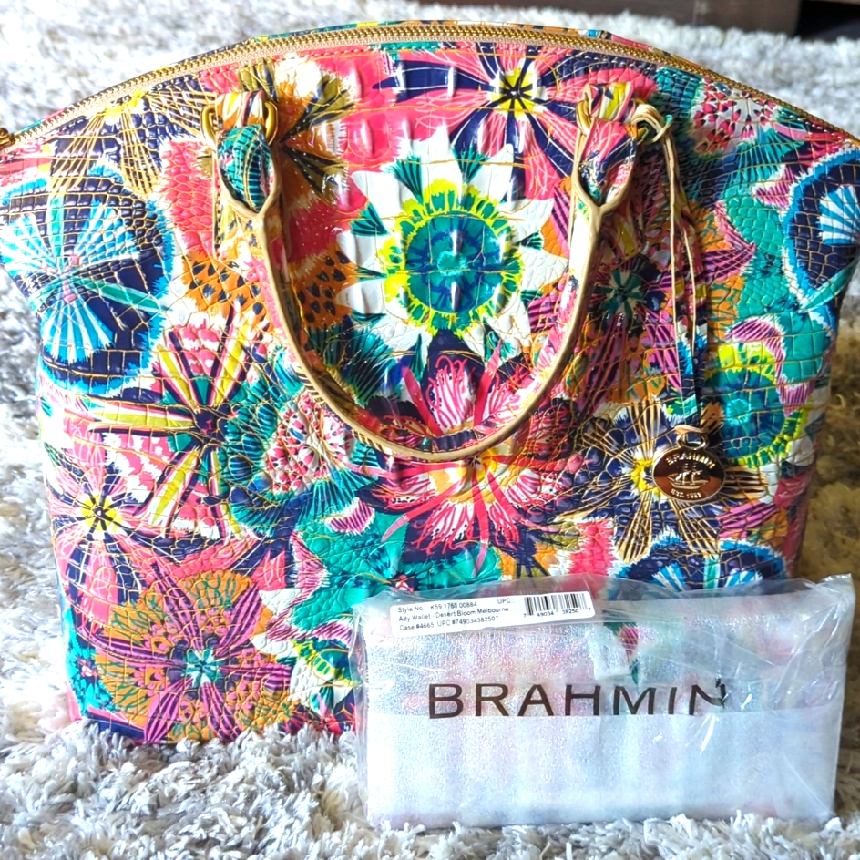 Brahmin Multicolor Floral Satchel And Matching Wallet.